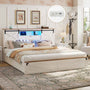 Sikaic Bed Frame LED Farmhouse Wooden Platform Bed Frame With Charging Station 2 Drawers & Storage Headboard Sliding Barn Door White