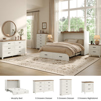 Sikaic Bed Frame Farmhouse Queen Murphy Bed with Storage Drawers & Charging Station Rustic White White / Queen / Engineered Wood