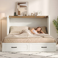 Sikaic Bed Frame Farmhouse Queen Murphy Bed with Storage Drawers & Charging Station Rustic White White / Queen / Engineered Wood
