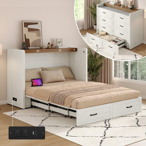 Sikaic Bed Frame Farmhouse Queen Murphy Bed with Storage Drawers & Charging Station Rustic White White / Queen / Engineered Wood