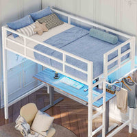 Sikaic Bed Frame Heavy Duty Metal Loft Twin Size Bed Frame with Led Lights and Full-Length Guardrail & Ladder No Box Spring Needed White White / Twin / Modern