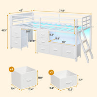 Sikaic Bed Frame Low Loft Bed Twin Size with 7 Storage Drawers, Bookcase and LED Lights White White / Twin / Modern