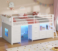 Sikaic Bed Frame Low Loft Bed Twin Size with 7 Storage Drawers, Bookcase and LED Lights White White / Twin / Modern