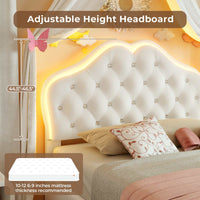 Sikaic Bed Frame Twin Size Velvet Princess Platform RGB LED Bed with Storage Drawers and Adjustable Crystal Button Headboard Creamy White White / Twin Size / Engineered Wood