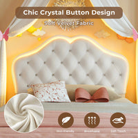 Sikaic Bed Frame Twin Size Velvet Princess Platform RGB LED Bed with Storage Drawers and Adjustable Crystal Button Headboard Creamy White White / Twin Size / Engineered Wood