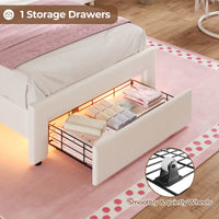 Sikaic Bed Frame Twin Size Velvet Princess Platform RGB LED Bed with Storage Drawers and Adjustable Crystal Button Headboard Creamy White White / Twin Size / Engineered Wood