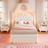 Sikaic Bed Frame Twin Size Velvet Princess Platform RGB LED Bed with Storage Drawers and Adjustable Crystal Button Headboard Creamy White White / Twin Size / Engineered Wood