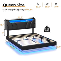 Sikaic Beds & Bed Frames Floating Upholstered Leather Platform Bed Frame with LED Lights Storage Headboard and Charging Station Black