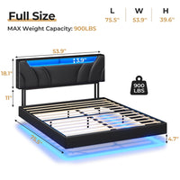 Sikaic Beds & Bed Frames Floating Upholstered Leather Platform Bed Frame with LED Lights Storage Headboard and Charging Station Black