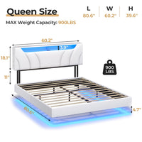 Sikaic Beds & Bed Frames Floating Upholstered Leather Platform Bed Frame with LED Lights Storage Headboard and Charging Station White