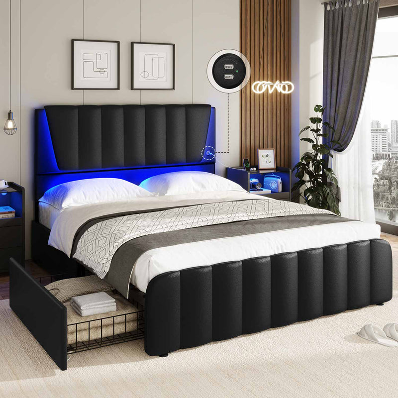 Sikaic Beds & Bed Frames LED Bed Frame with USB Ports Adjustable Headboard and 4 Storage Drawers Black