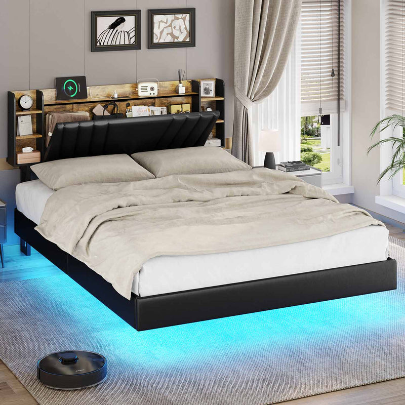 Sikaic Beds & Bed Frames Floating Upholstered Leather Platform LED Bed Frame with Bookcase Charging Station Black