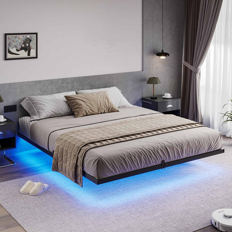 Sikaic Beds & Bed Frames Metal Floating Bed Frame with LED Lights no Headboard Black