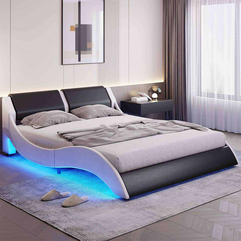Sikaic Beds & Bed Frames Led Upholstered Platform Faux Leather Wave Profile Bed Frame with Headboard