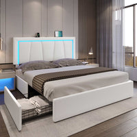 Sikaic Beds & Bed Frames Faux Leather Platform LED Bed Frame with Storage Drawers and USB Ports Adjustable Headboard White