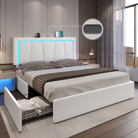 Sikaic Beds & Bed Frames Faux Leather Platform LED Bed Frame with Storage Drawers and USB Ports Adjustable Headboard White