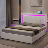 Sikaic Beds & Bed Frames Faux Leather Platform LED Bed Frame with Storage Drawers and USB Ports Adjustable Headboard White