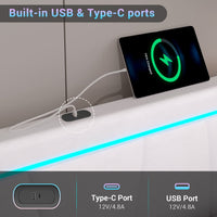 Sikaic Beds & Bed Frames Faux Leather Platform LED Bed Frame with Storage Drawers and USB Ports Adjustable Headboard White