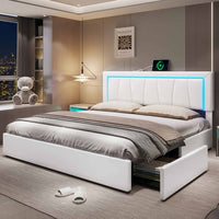 Sikaic Beds & Bed Frames Faux Leather Platform LED Bed Frame with Storage Drawers and USB Ports Adjustable Headboard White