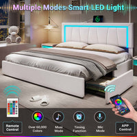 Sikaic Beds & Bed Frames Faux Leather Platform LED Bed Frame with Storage Drawers and USB Ports Adjustable Headboard White