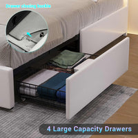 Sikaic Beds & Bed Frames Faux Leather Platform LED Bed Frame with Storage Drawers and USB Ports Adjustable Headboard White