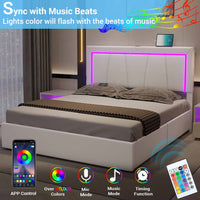 Sikaic Beds & Bed Frames Faux Leather Platform LED Bed Frame with Storage Drawers and USB Ports Adjustable Headboard White