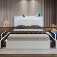 Sikaic Beds & Bed Frames Faux Leather Platform LED Bed Frame with Storage Drawers and USB Ports Adjustable Headboard White