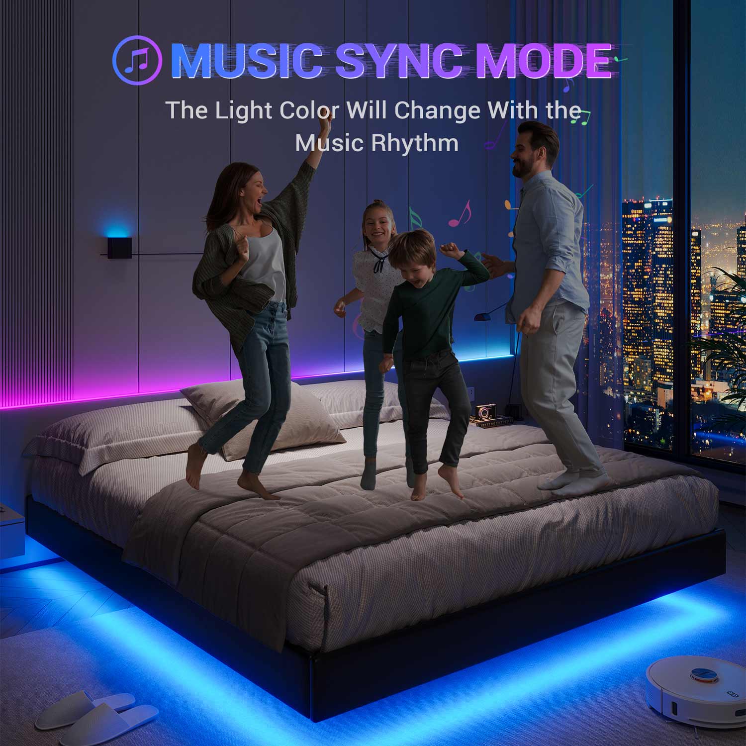 Floating Queen Bed Frame with LED Lights Modern Upholstered Black