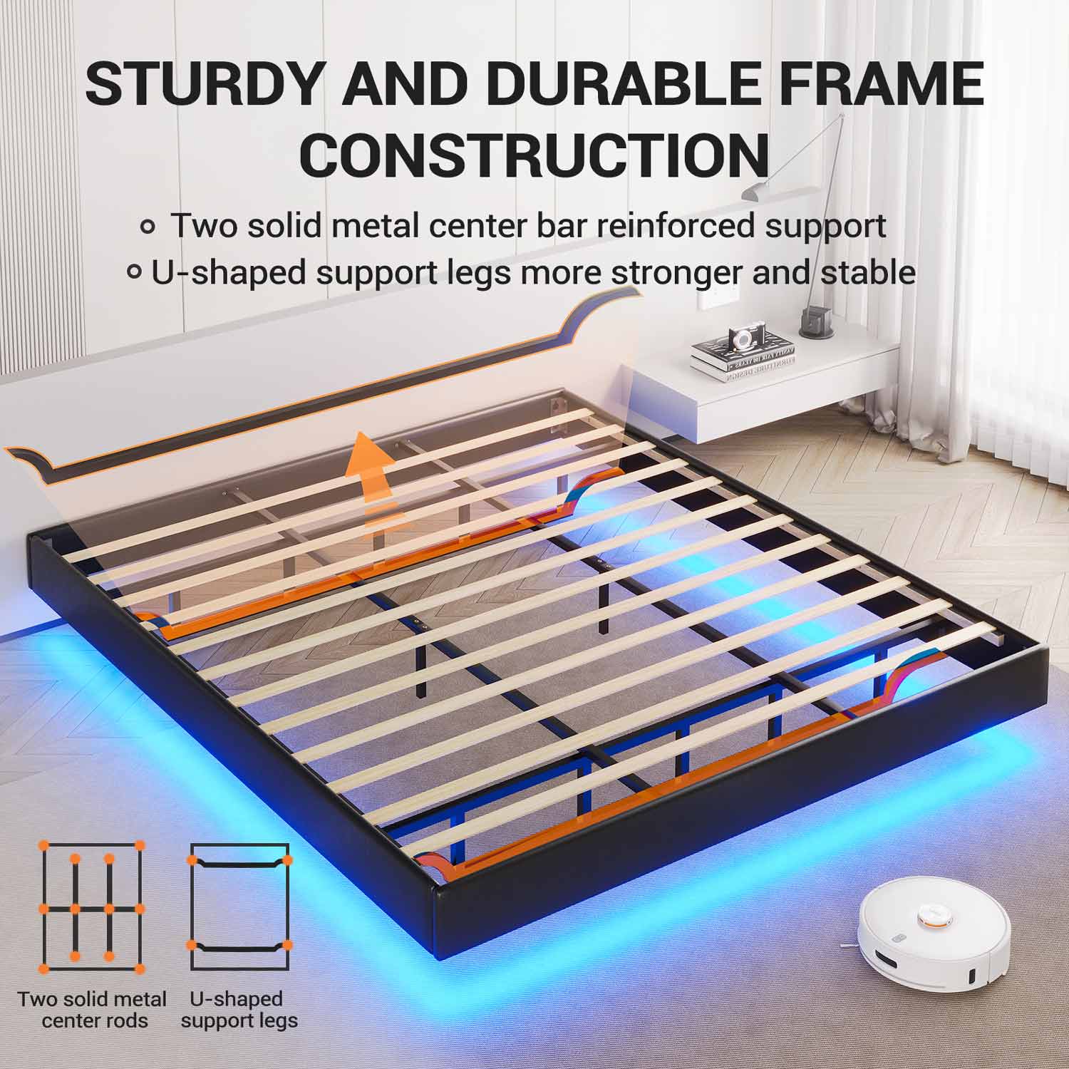 Floating Queen Bed Frame with LED Lights Modern Upholstered Black