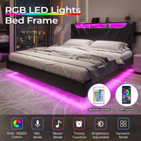 Sikaic Beds & Bed Frames Floating Upholstered Leather Platform Bed Frame with LED Lights Storage Headboard and Charging Station Black