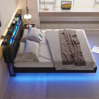 Sikaic Beds & Bed Frames Floating Upholstered Leather Platform Bed Frame with LED Lights Storage Headboard and Charging Station Black