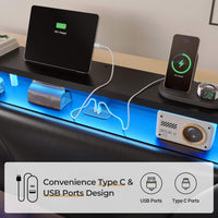 Sikaic Beds & Bed Frames Floating Upholstered Leather Platform Bed Frame with LED Lights Storage Headboard and Charging Station Black