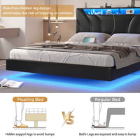 Sikaic Beds & Bed Frames Floating Upholstered Leather Platform Bed Frame with LED Lights Storage Headboard and Charging Station Black