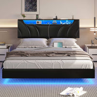 Sikaic Beds & Bed Frames Floating Upholstered Leather Platform Bed Frame with LED Lights Storage Headboard and Charging Station Black