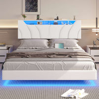 Sikaic Beds & Bed Frames Floating Upholstered Leather Platform Bed Frame with LED Lights Storage Headboard and Charging Station White