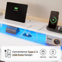 Sikaic Beds & Bed Frames Floating Upholstered Leather Platform Bed Frame with LED Lights Storage Headboard and Charging Station White