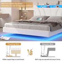 Sikaic Beds & Bed Frames Floating Upholstered Leather Platform Bed Frame with LED Lights Storage Headboard and Charging Station White