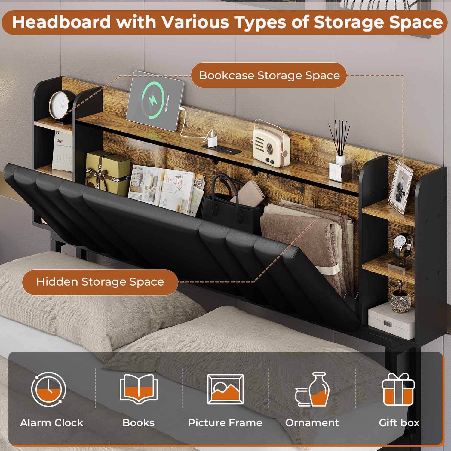 Sikaic Floating Platform LED Bed Frame with Bookcase Black