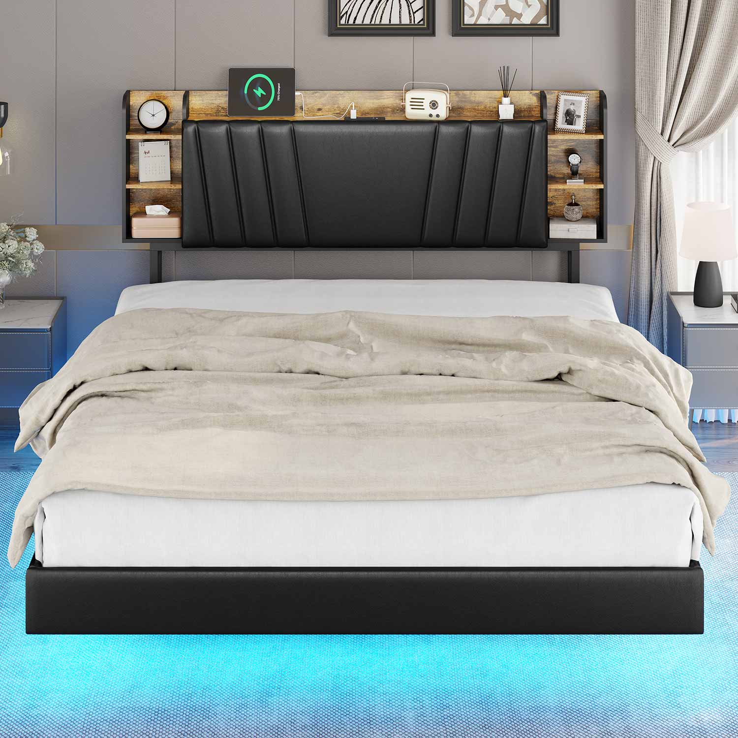 Sikaic Floating Platform LED Bed Frame with Bookcase Black
