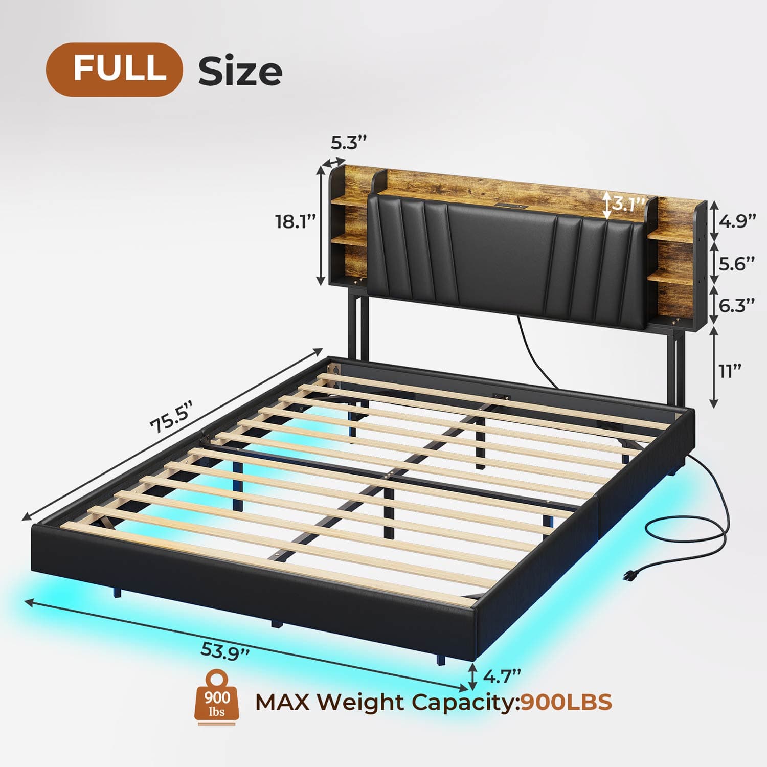 Sikaic Floating Platform LED Bed Frame with Bookcase Black