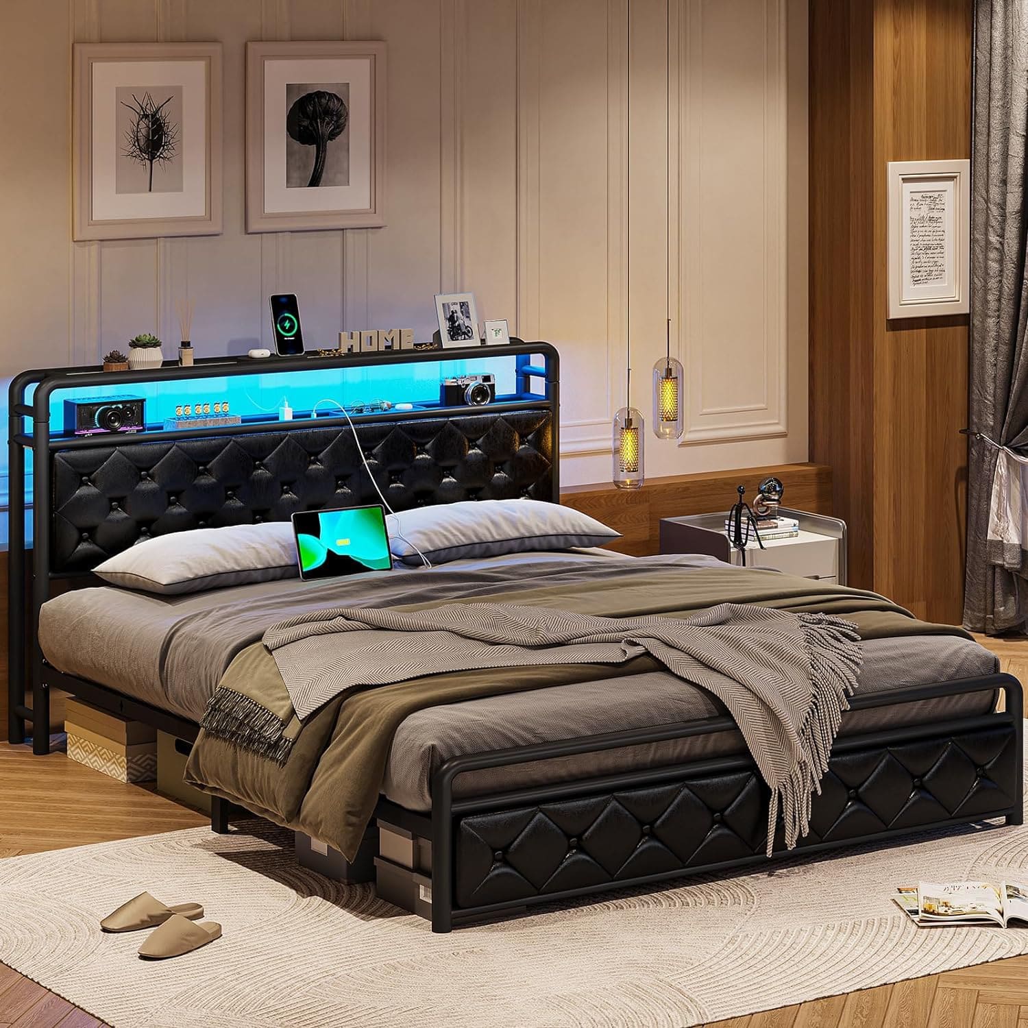 Faux Leather LED Bed Frame with Power Outlets & USB Ports Storage