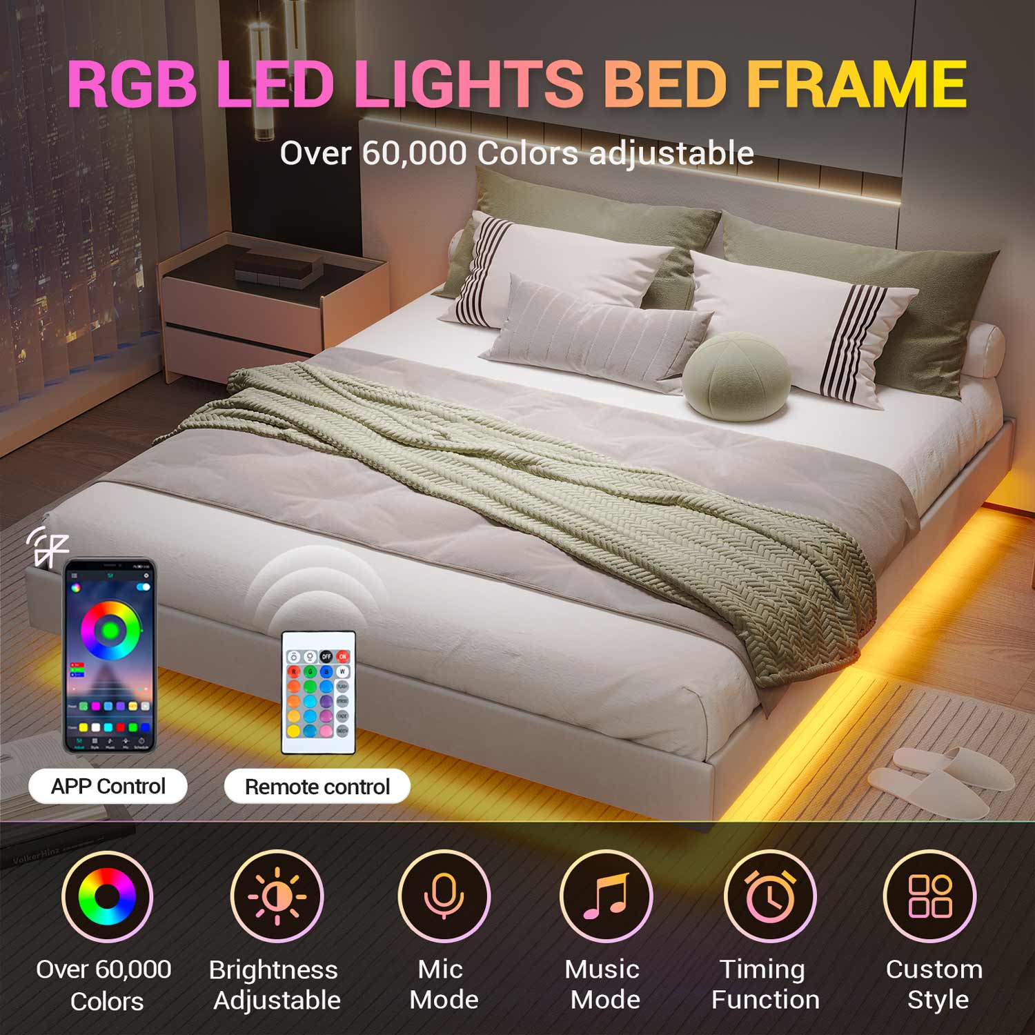 Queen Size Floating LED Upholstered Bed Frame with Low Profile Platform no  Headboard White