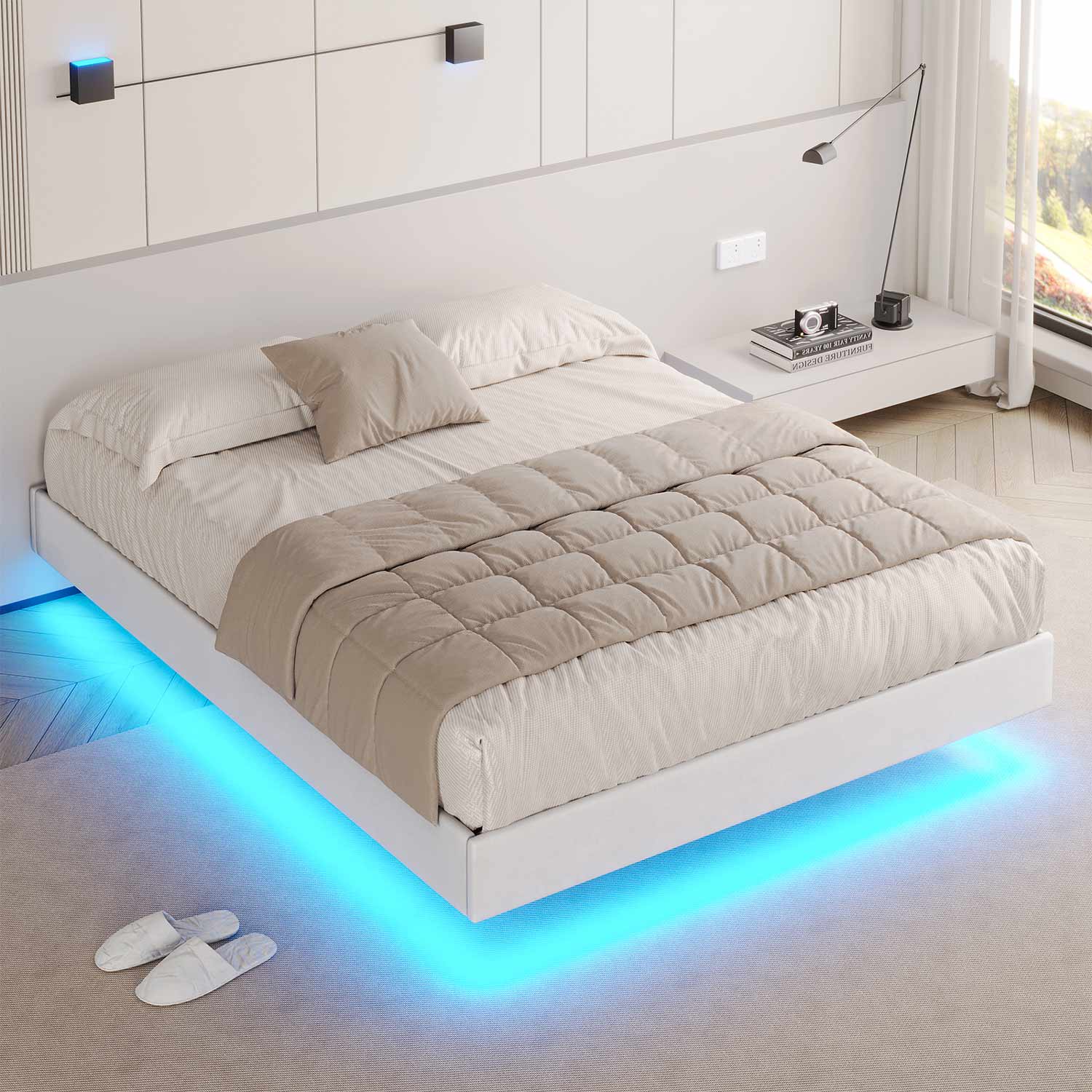 Queen Size Floating LED Upholstered Bed Frame with Low Profile