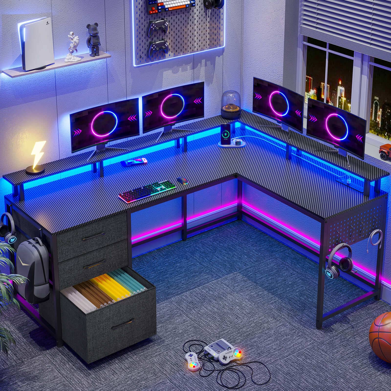 L Shaped Gaming Desk with LED Lights Pegboard and Drawers Corner Computer  Table