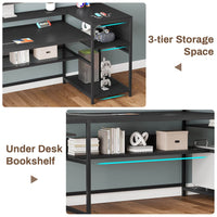 Sikaic L Shaped Reversible LED Gaming Desk with Power Outlets Strip Monitor Shelf Keyboard Tray Pegboard and Storage Shelves Black