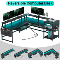 Sikaic L Shaped Reversible LED Gaming Desk with Power Outlets Strip Monitor Shelf Keyboard Tray Pegboard and Storage Shelves Black