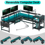 Sikaic L Shaped Reversible LED Gaming Desk with Power Outlets Strip Monitor Shelf Keyboard Tray Pegboard and Storage Shelves Black