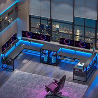 Sikaic L Shaped Reversible LED Gaming Desk with Power Outlets Strip Monitor Shelf Keyboard Tray Pegboard and Storage Shelves Black