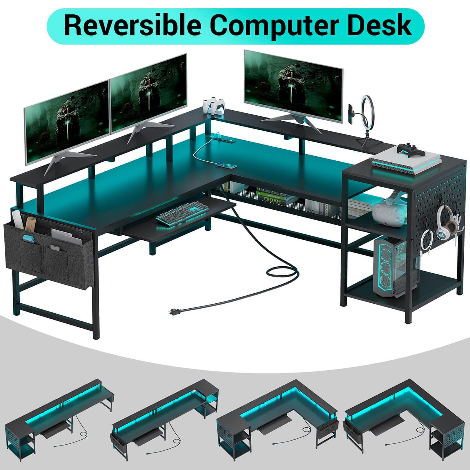 L Shaped Reversible LED Gaming Desk with Power Outlets Strip Monitor Shelf  Keyboard Tray Pegboard and Storage Shelves Black