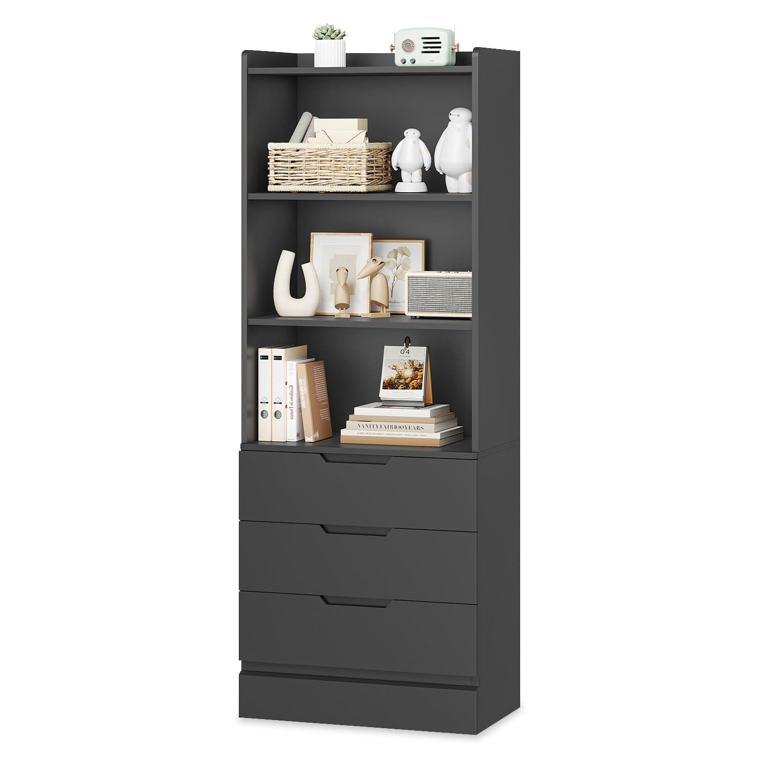Sikaic 73 Inches Bookcase With Drawers Shelves Black